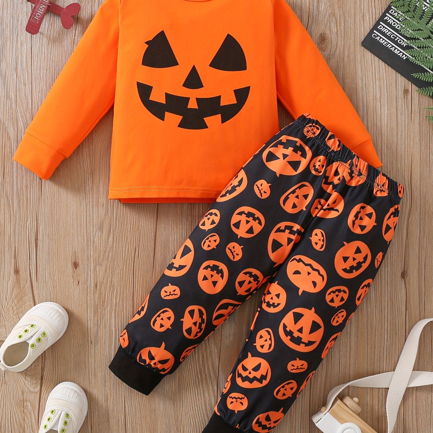2pc Toddler Pumpkin Pajamas Set Long Sleeve Top & Pants Halloween Style Loungewe