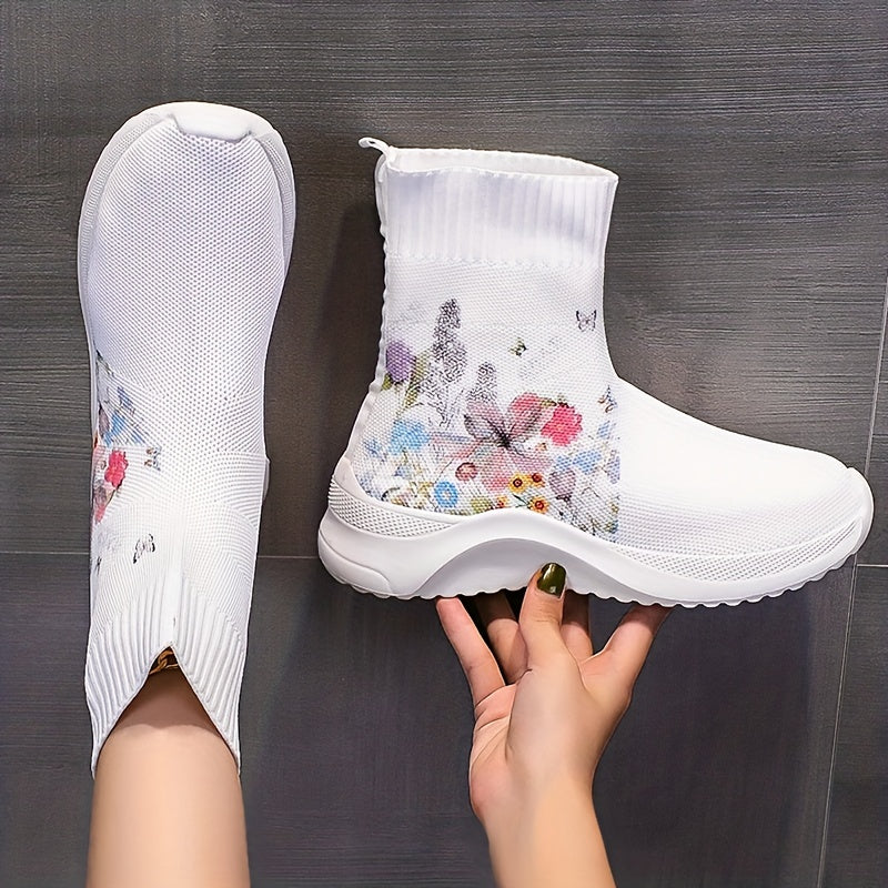 Flower & Butterfly Pattern Sneakers: Casual & Breathable Knit Sock Shoes