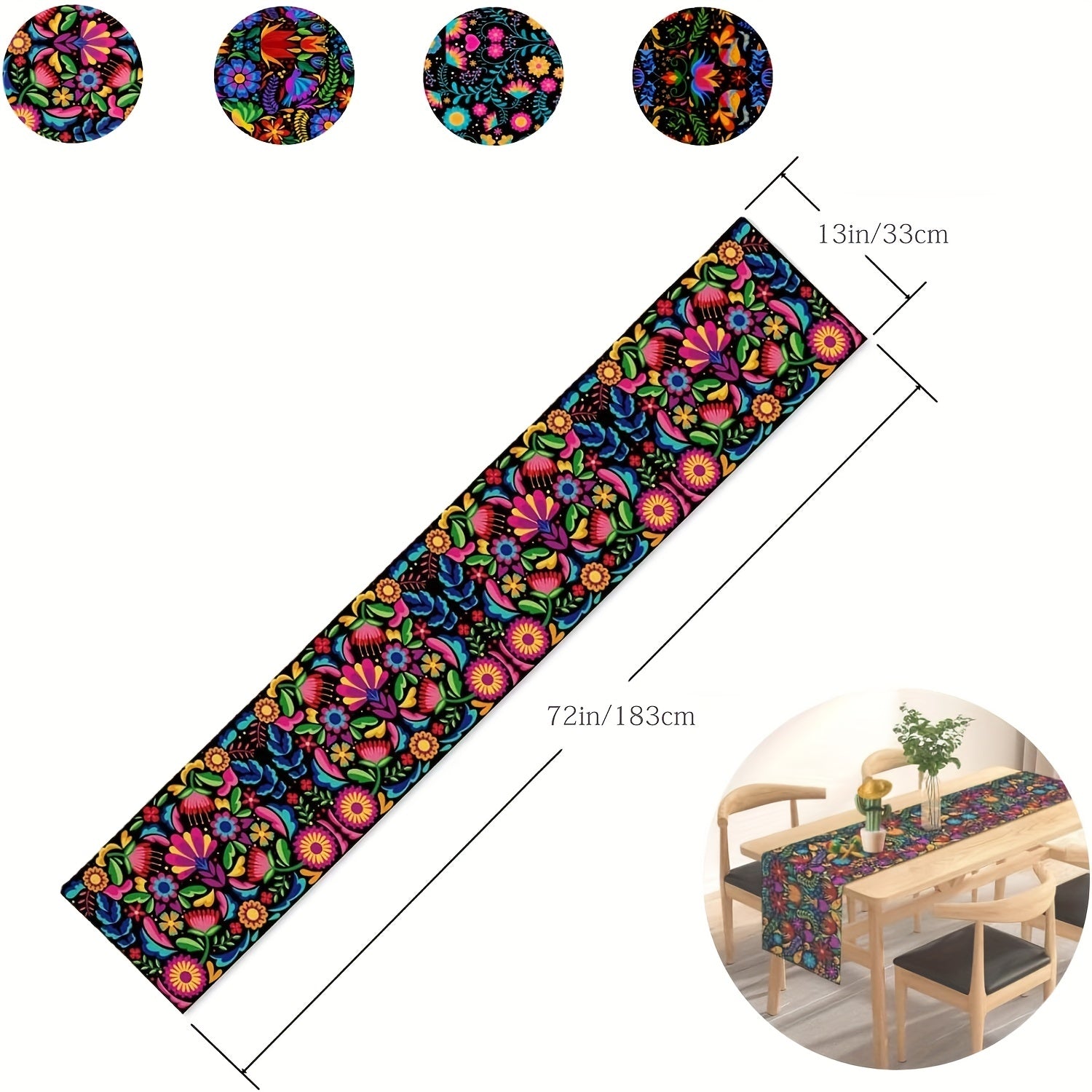 Mexican Style Table Runner Colorful Flowers Seasonal Anniversary Kitchen Dining
