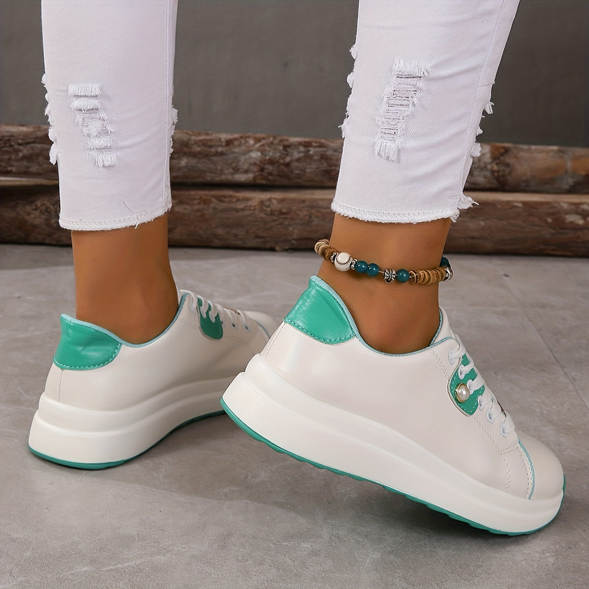Pearl & Metal Decor Thick Sole Skate Shoes