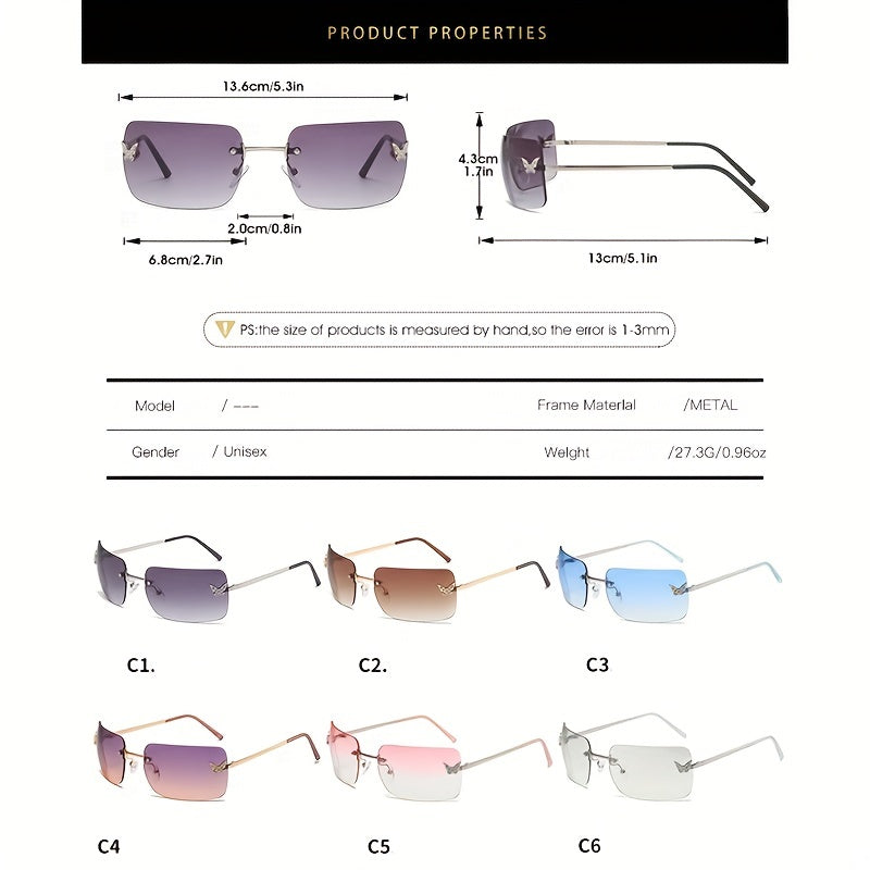 Gradient Rimless Sunglasses Unisex Y2K Rhinestone Butterfly Decor Glasses
