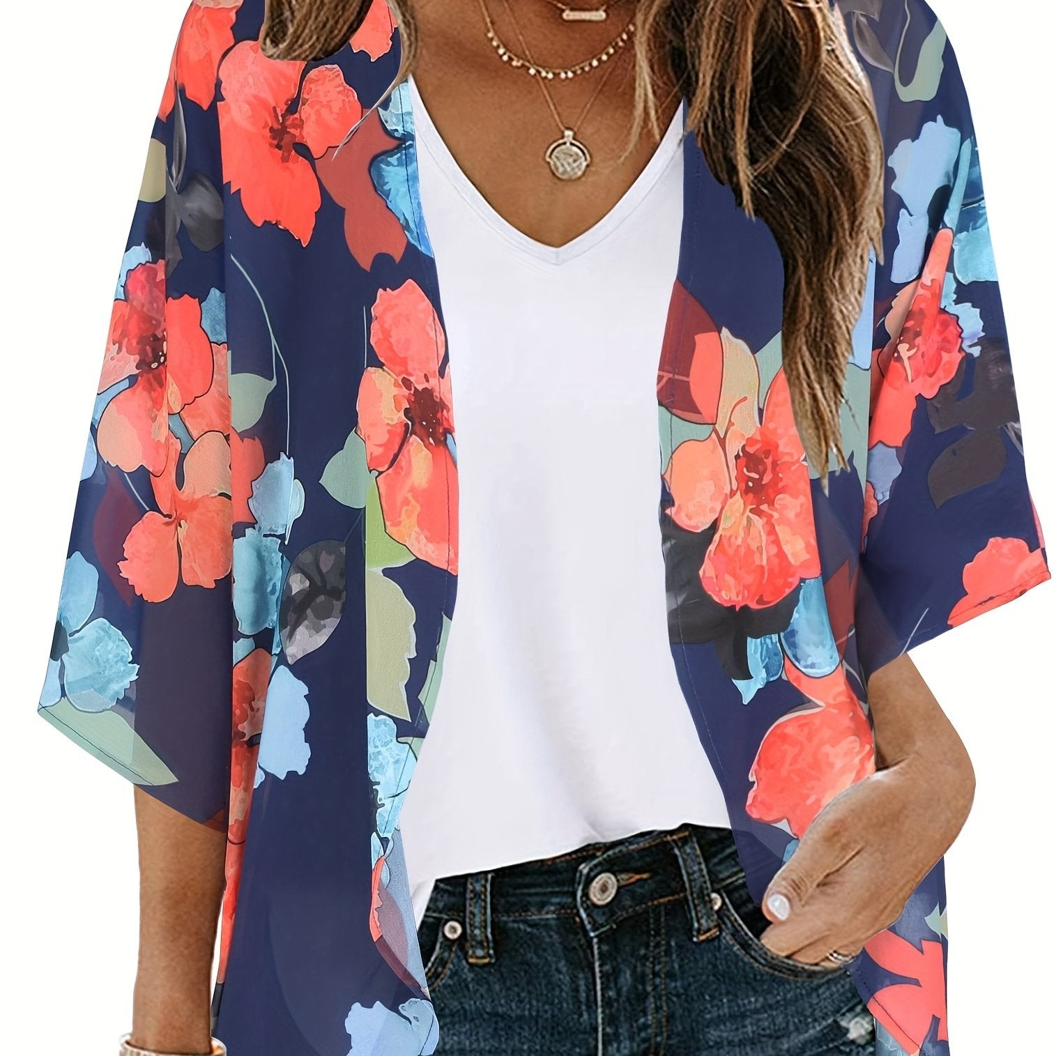 Print Cover Up Shirt Loose Fit V Neck Long Sleeves Casual Blouse