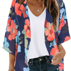 Print Cover Up Shirt Loose Fit V Neck Long Sleeves Casual Blouse