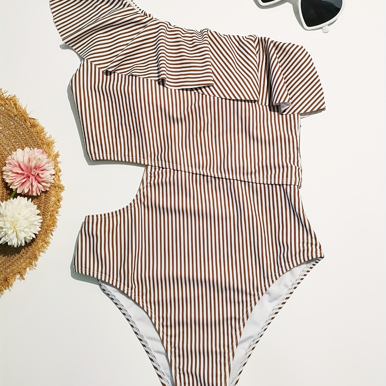 Ruffled Shoulder Striped Print Swimsuit One Piece