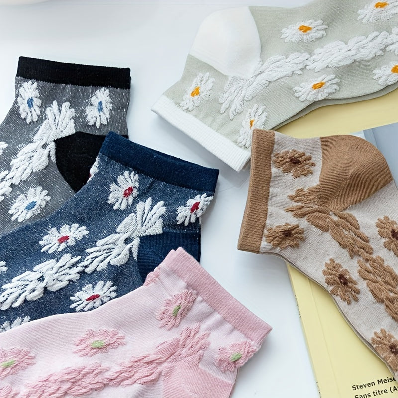 5 Pairs Floral Print Socks Retro Style Low Cut Ankle Socks for Women