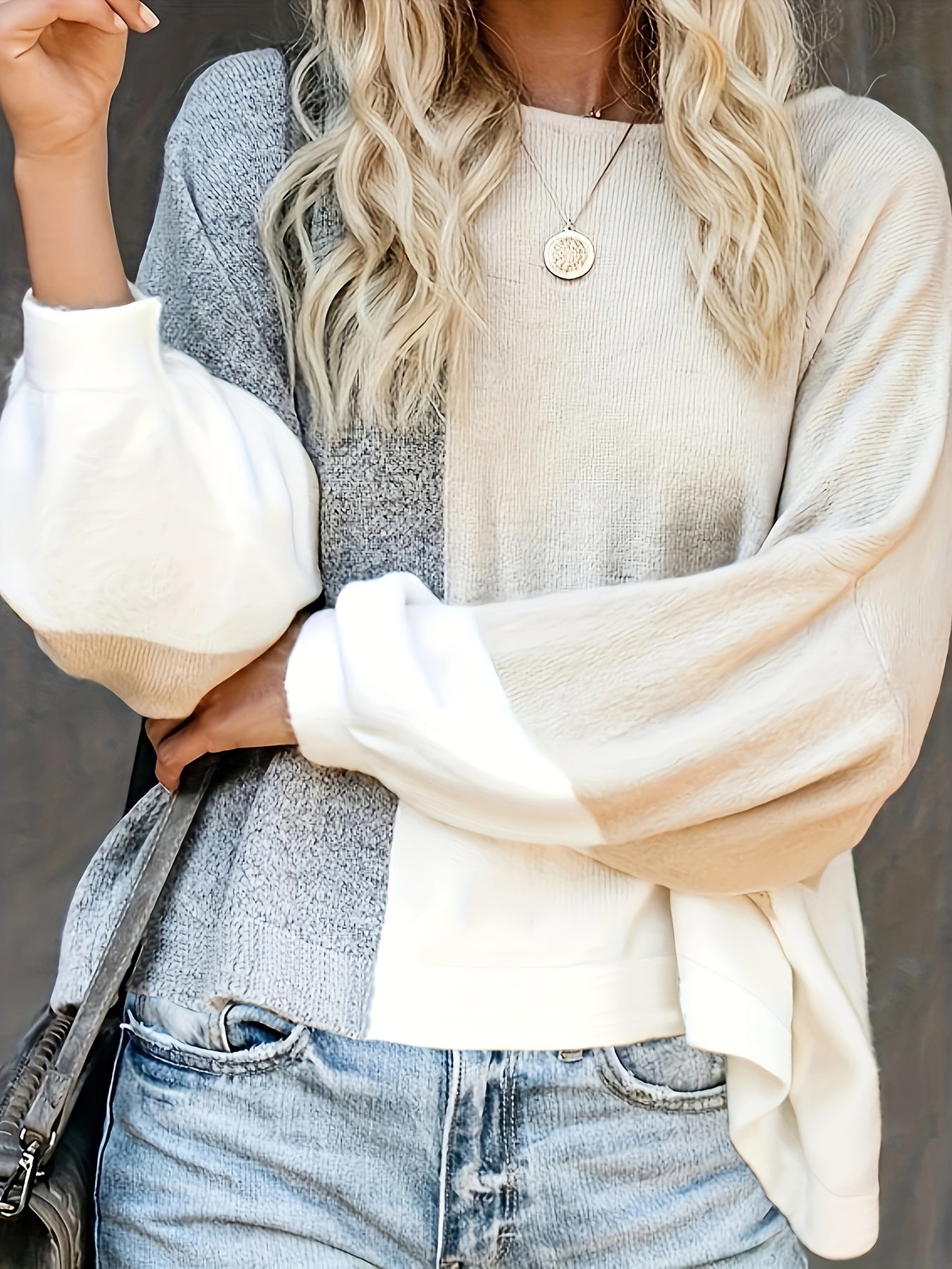 Casual Colorblock Lantern Sleeve Sweater