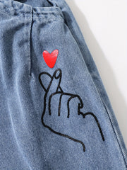 Toddler Girls Heart Graphic Casual Denim Pants Trousers