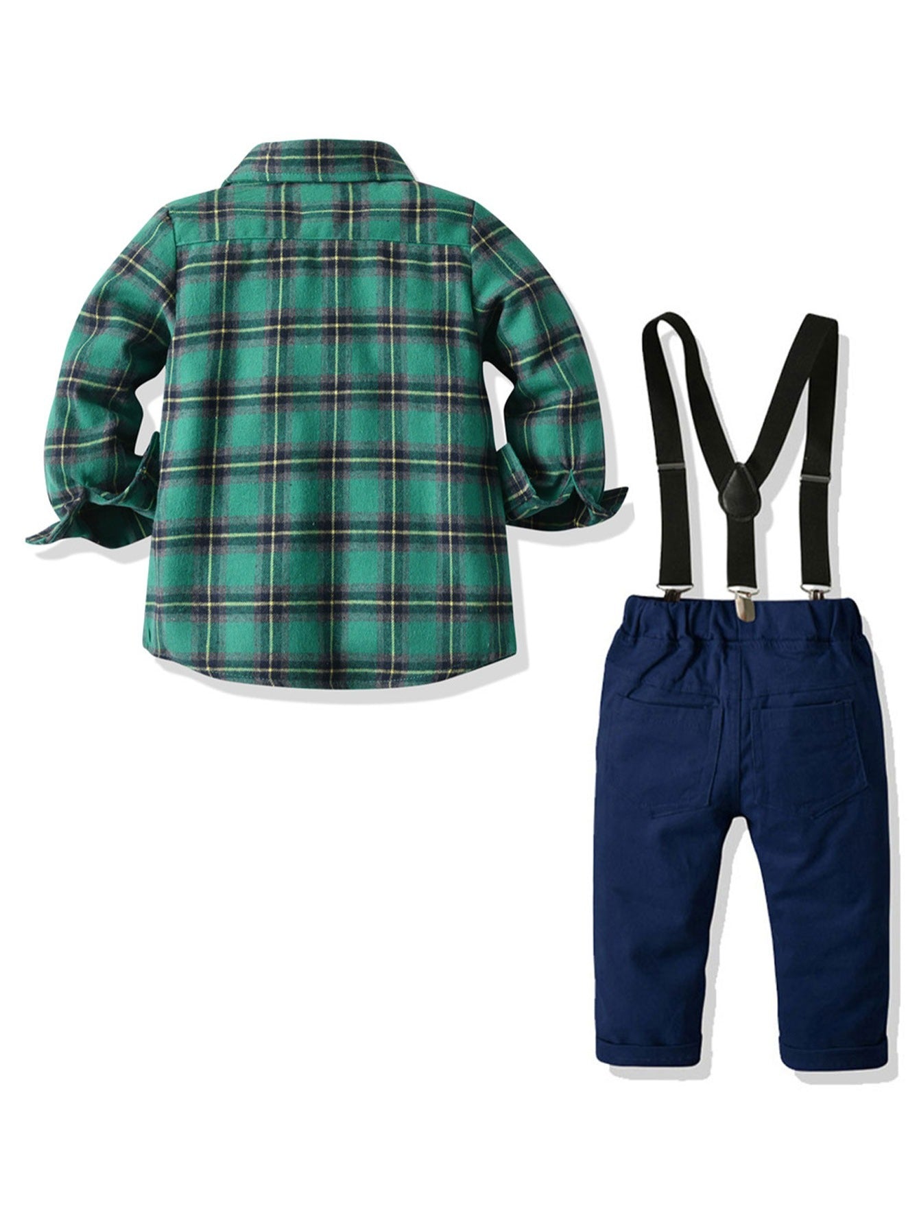 Boys Plaid Shirt with Bow & Suspender Trousers Set