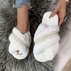 Women's Fluffy Cross Strap Slippers with Faux Pearl Decor