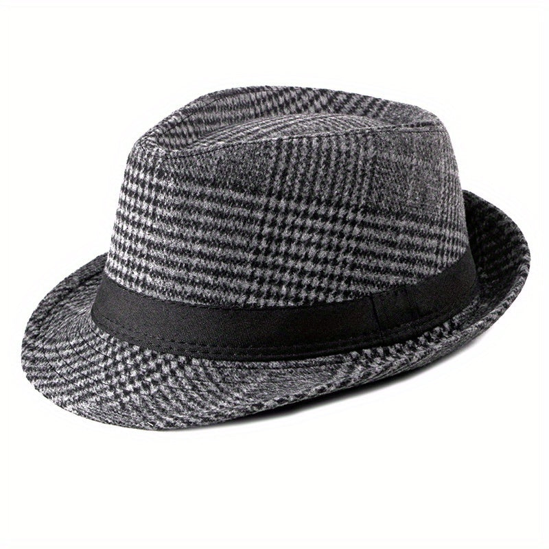 Retro Plaid Wide Brim Fedora Hat for Party Meeting