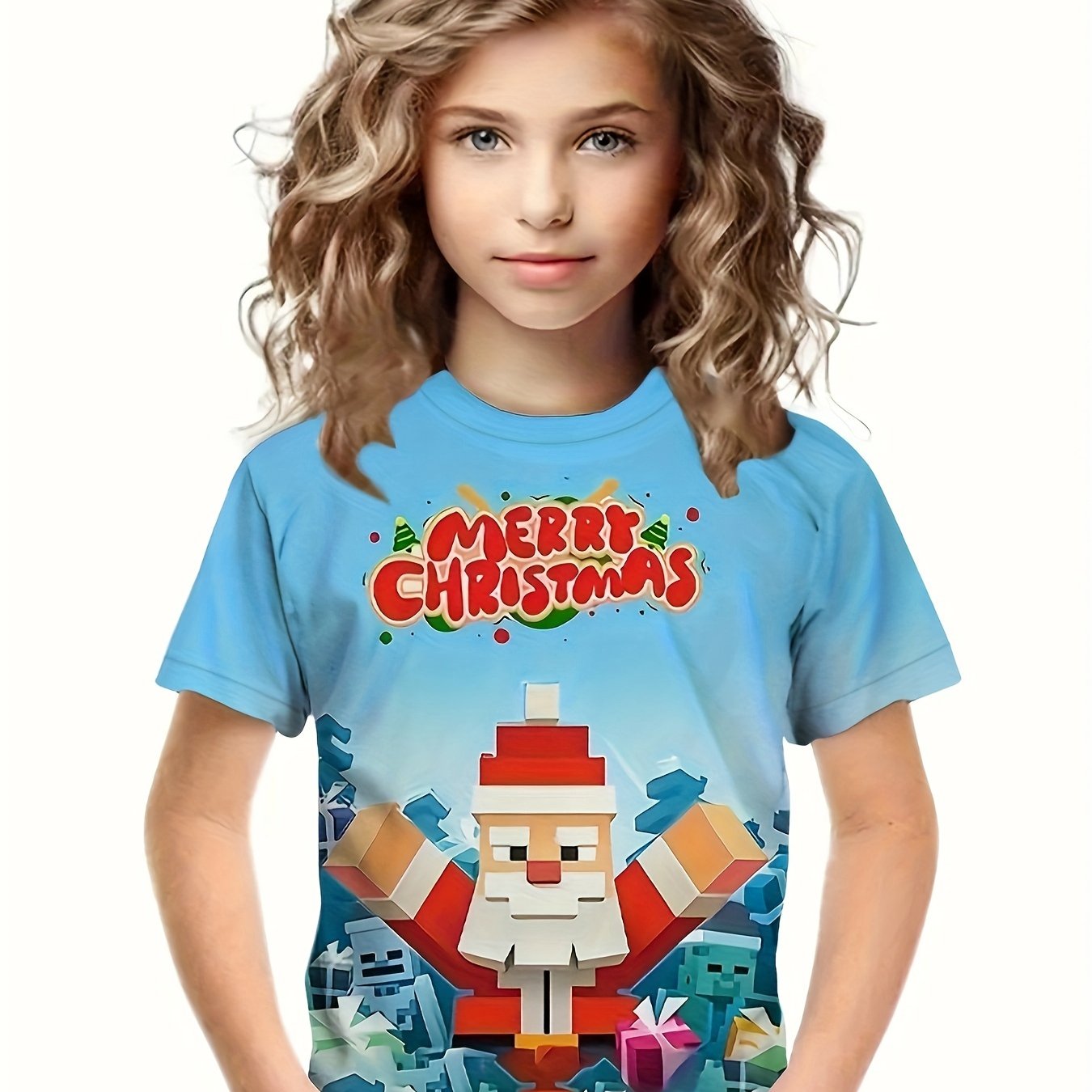 Christmas Santa Short Sleeve Graphic Tee Girls Summer Gift