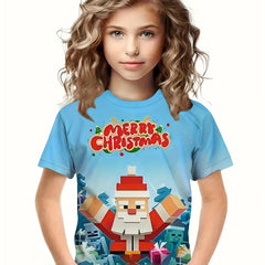 Christmas Santa Short Sleeve Graphic Tee Girls Summer Gift