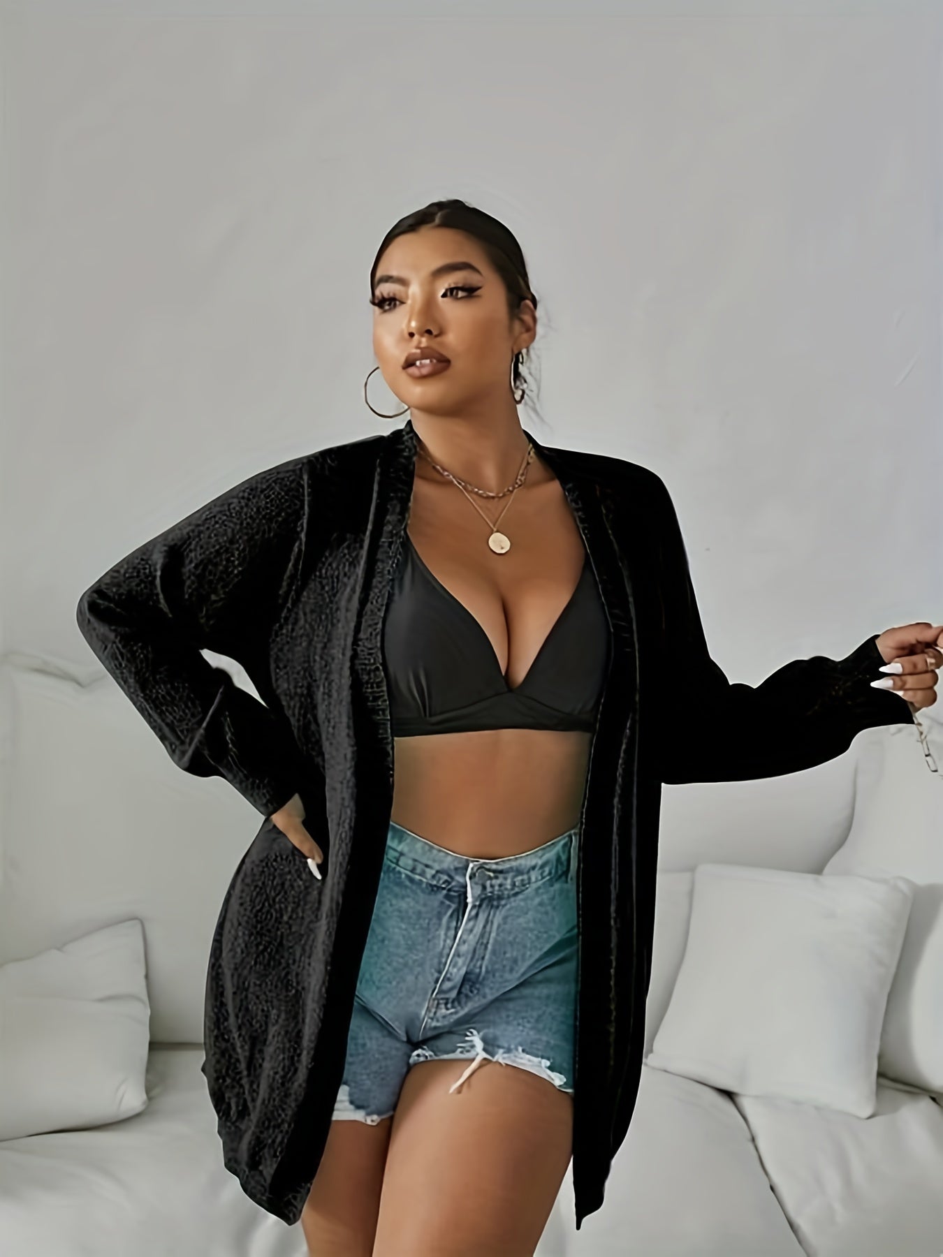 Women's Plus Open Front Long Sleeve Cardigan