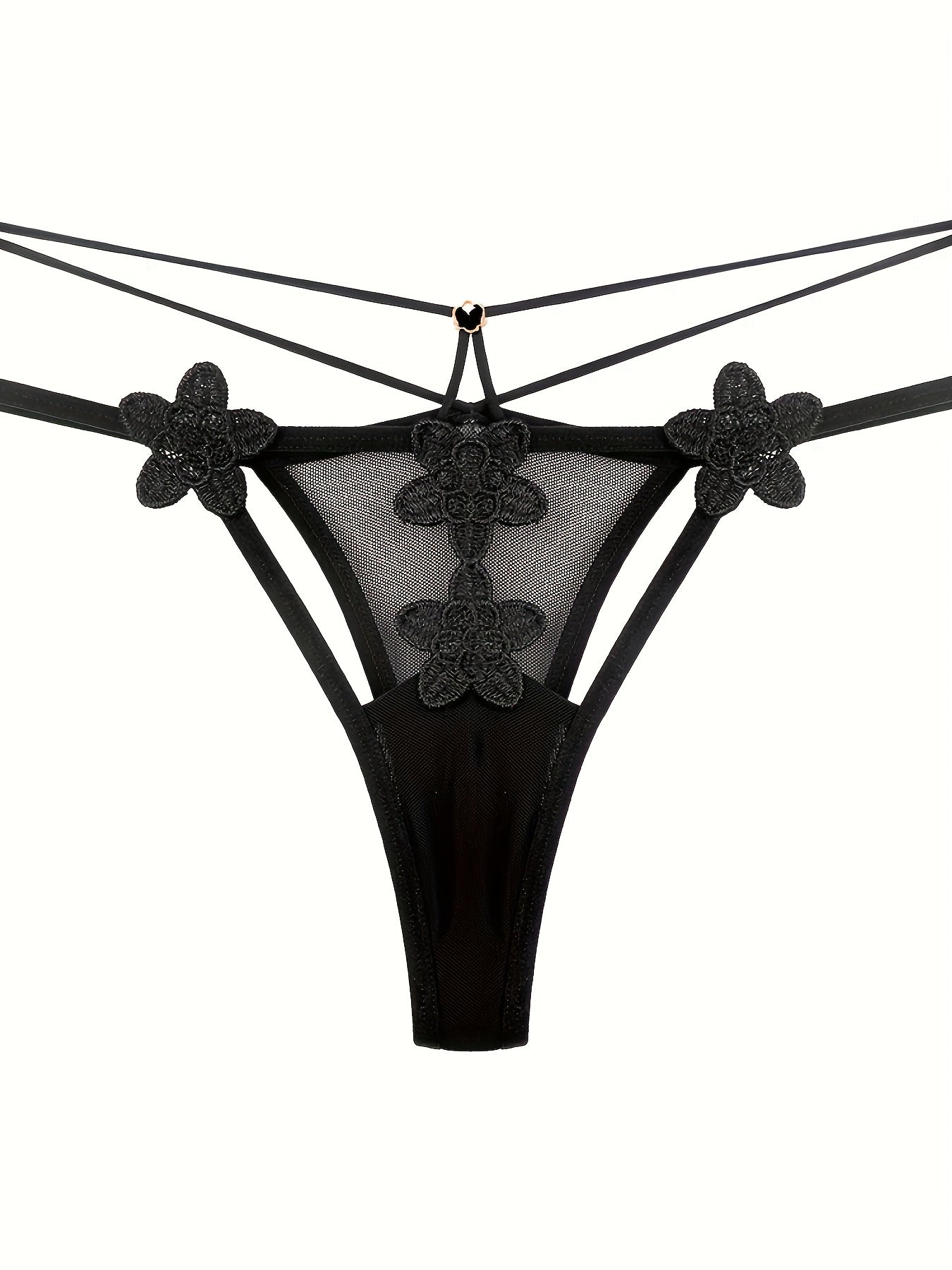 Floral Embroidery Thongs Double Ribbon Mesh Panties