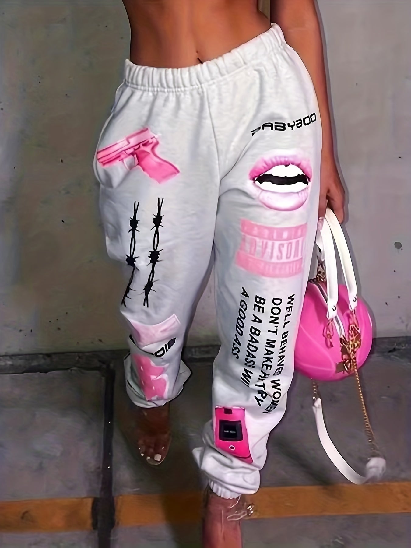 Letter & Lips Print Pants Casual Sporty Elastic Waist Pants