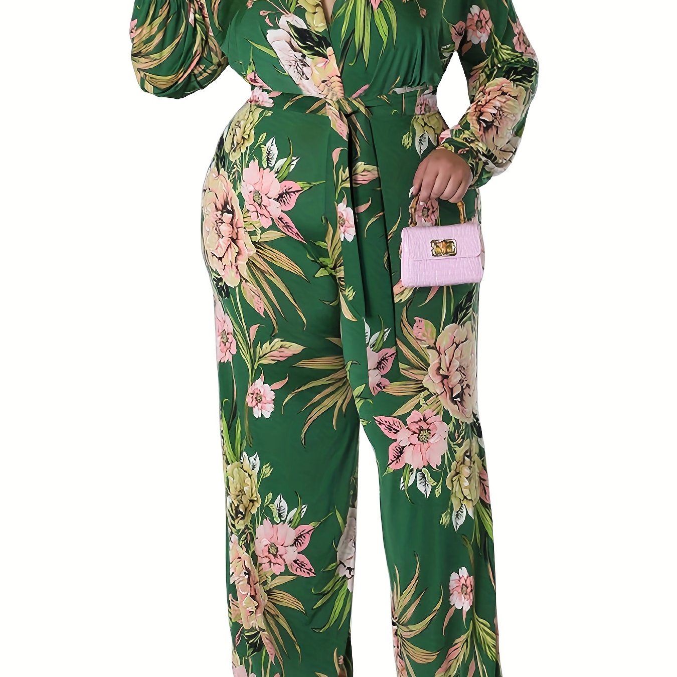 Floral Print Surplice Neck Jumpsuit with Belt