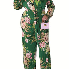 Floral Print Surplice Neck Jumpsuit with Belt
