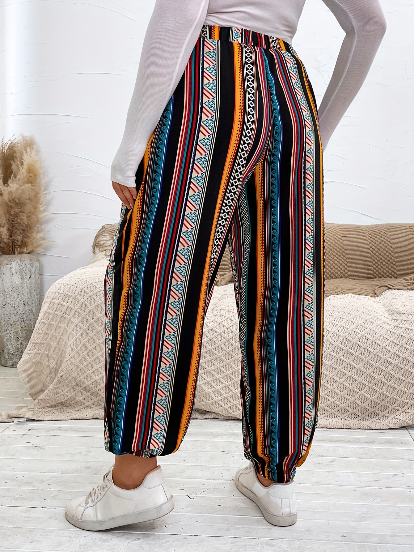 Ethnic Style Pants Women's Plus Patchwork Print Elastic High Rise