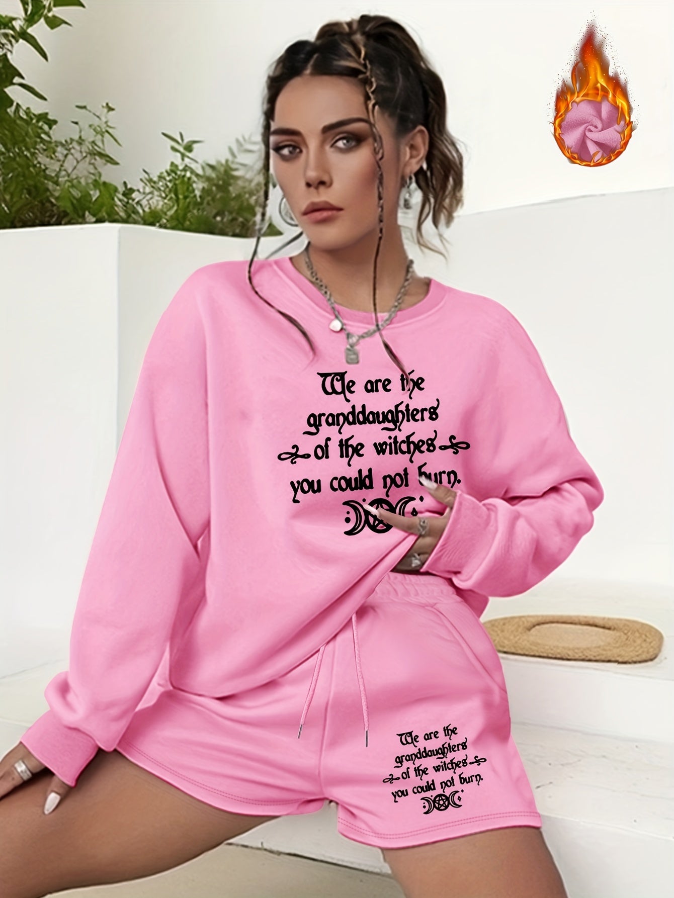 Plus Size 2 Piece Set Women's Slogan & Moon Print Sweatshirt & Shorts Outfits