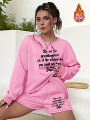 Plus Size 2 Piece Set Women's Slogan & Moon Print Sweatshirt & Shorts Outfits