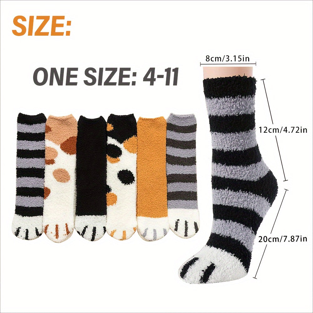 6 Pairs Men's Cartoon Claw Crew Socks Plush Warm Thermal Comfy Unisex Socks