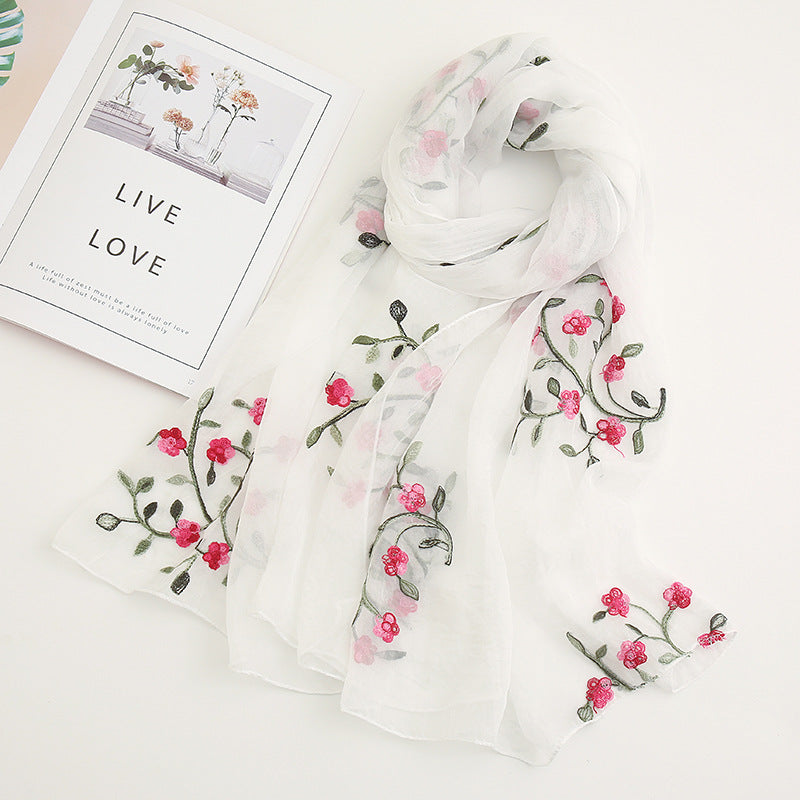 Chiffon Flower Embroidered Scarf Retro Beach Sunscreen Shawl