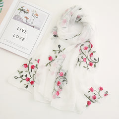 Chiffon Flower Embroidered Scarf Retro Beach Sunscreen Shawl