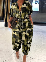 Camo Print Drawstring Waist Jumpsuit Short Sleeve Button Jumpsuit