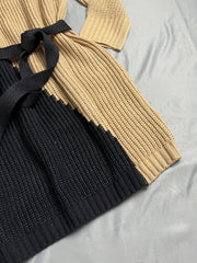 Colorblock Long Sleeve V Neck Sweater Dress With Belt