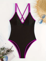 Deep V Neck One Piece Bathing Suit with Cross Back Double Strap