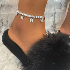 Butterfly Rhinestone Tennis Anklet, Summer Style Foot Jewelry