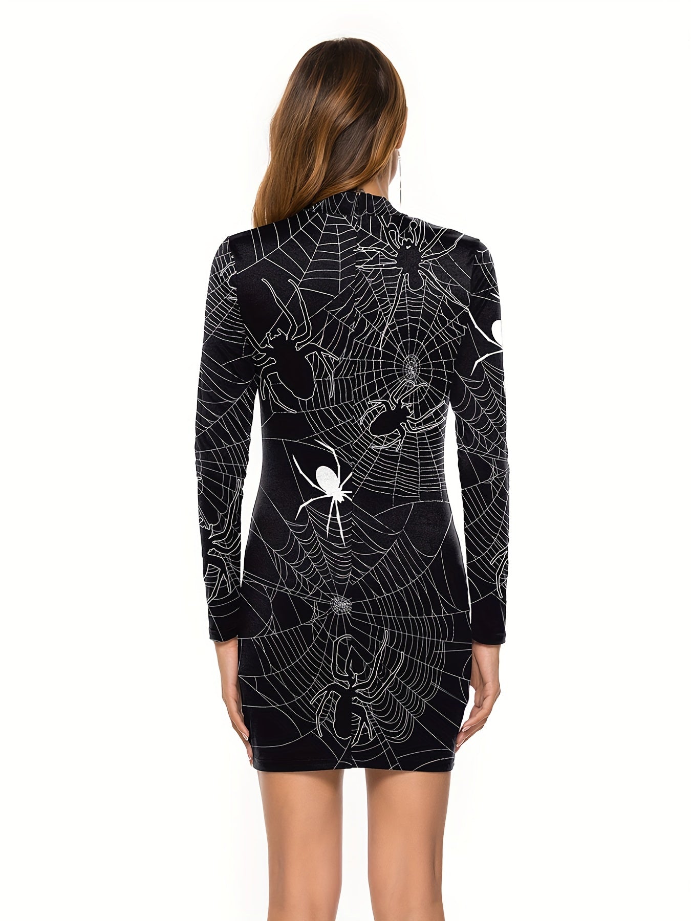 Skeleton & Floral Print Slim Dress Casual Mock Neck Dress