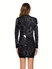 Skeleton & Floral Print Slim Dress Casual Mock Neck Dress