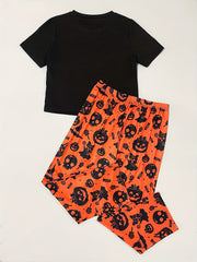 Halloween Gothic Pajama Set Women's Pumpkin & Ghost Print Tee & Pants