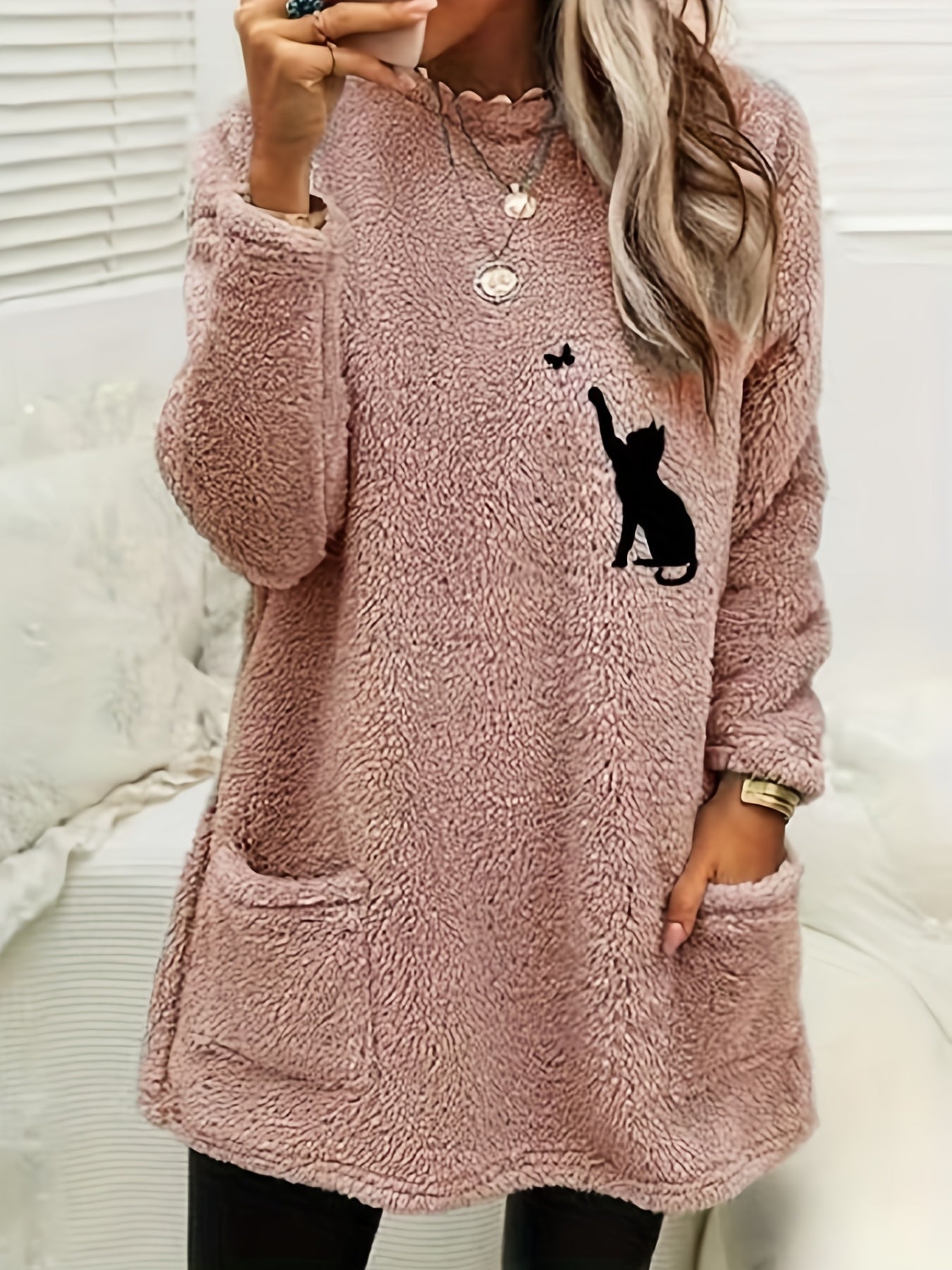 Cat Print Fuzzy Sweatshirt Crew Neck Long Sleeve With Pockets