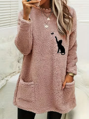 Cat Print Fuzzy Sweatshirt Crew Neck Long Sleeve With Pockets