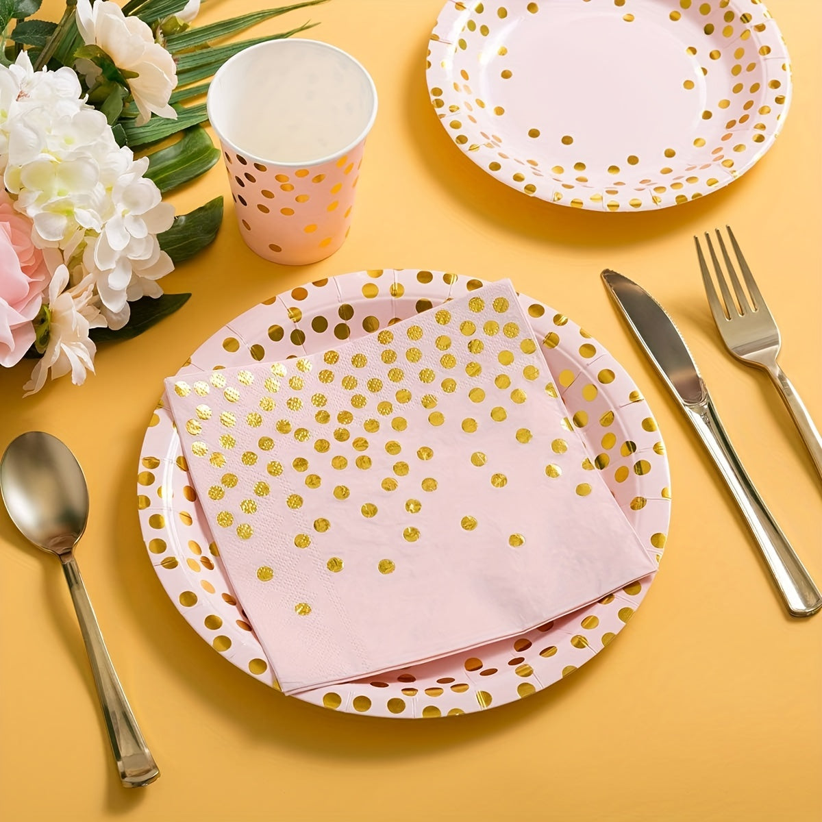 Pink & Gold Party Supplies - 17 Plates, Napkins, Knives, Spoons, Forks