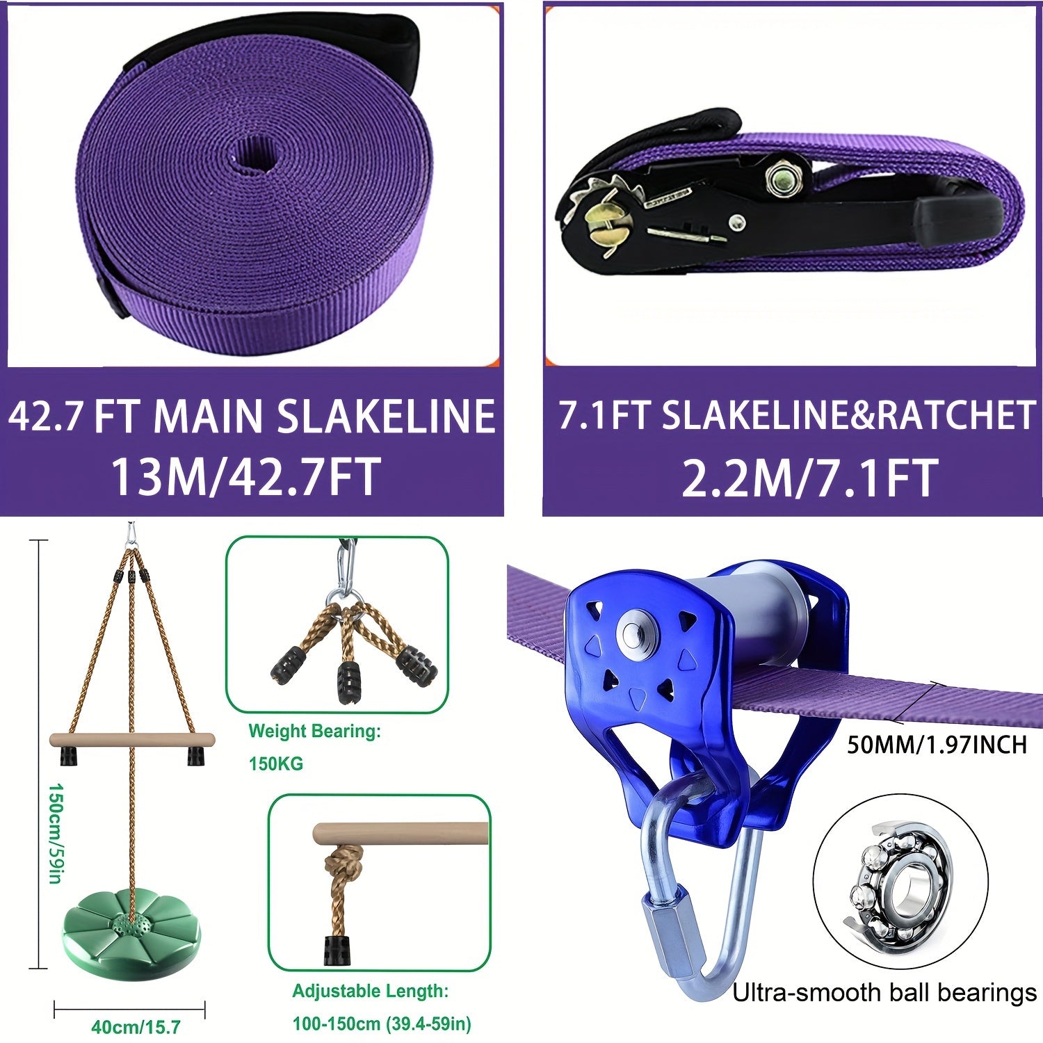 Outdoor Slide Flat Belt Set 15m Soft Rope Pulley Kit Warrior Barrier Course