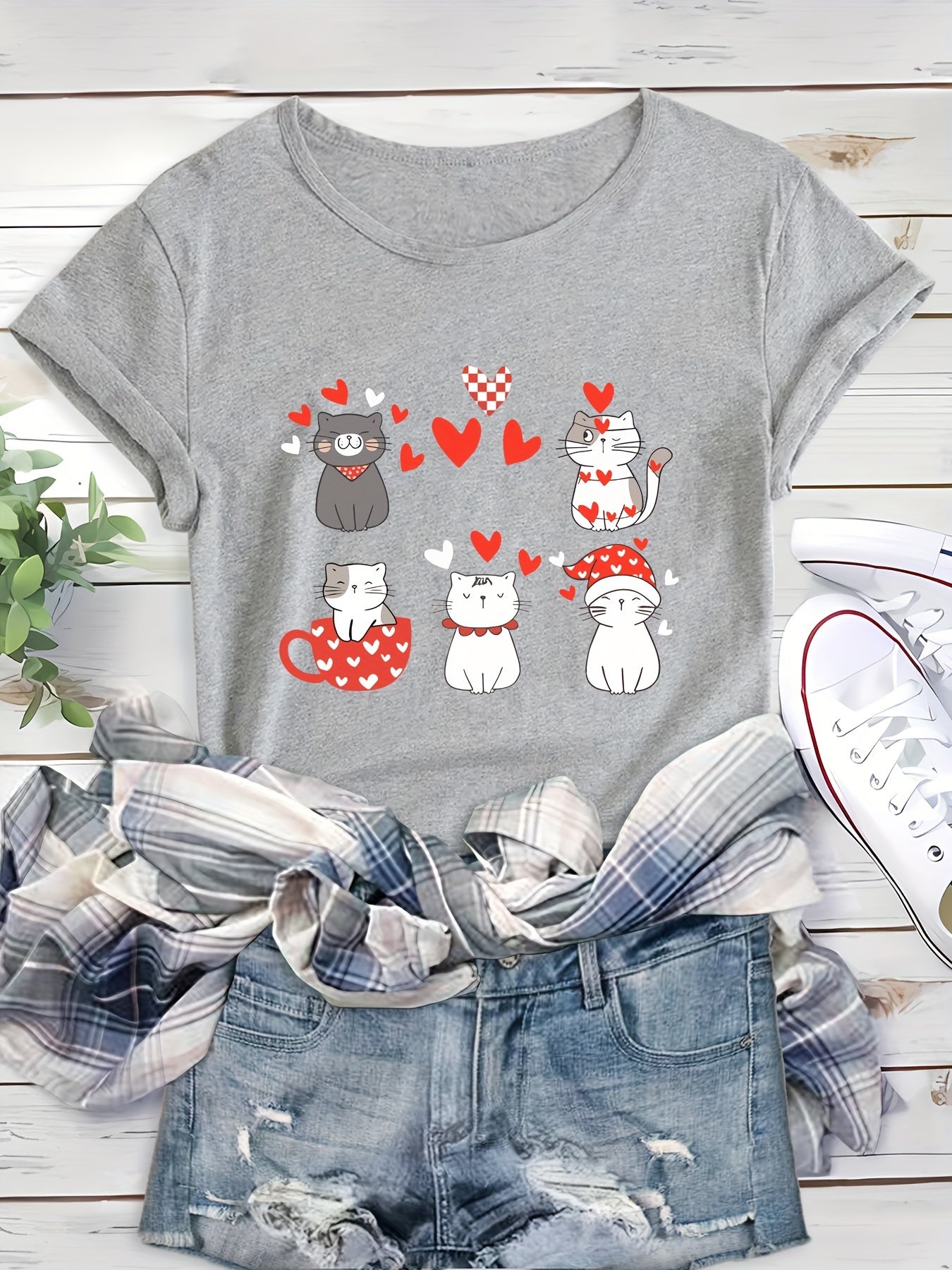 Cute Cat Print Heart T Shirt for Women