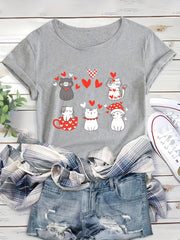 Cute Cat Print Heart T Shirt for Women