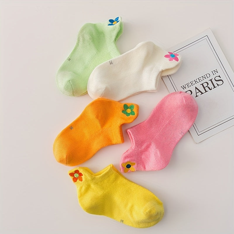 5 Pairs Girls Kids Flower Embroidered Ankle Socks for Spring Summer, Ages 1-11