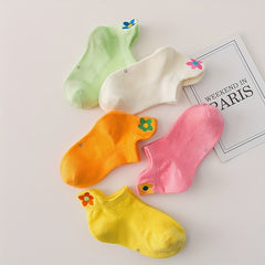 5 Pairs Girls Kids Flower Embroidered Ankle Socks for Spring Summer, Ages 1-11