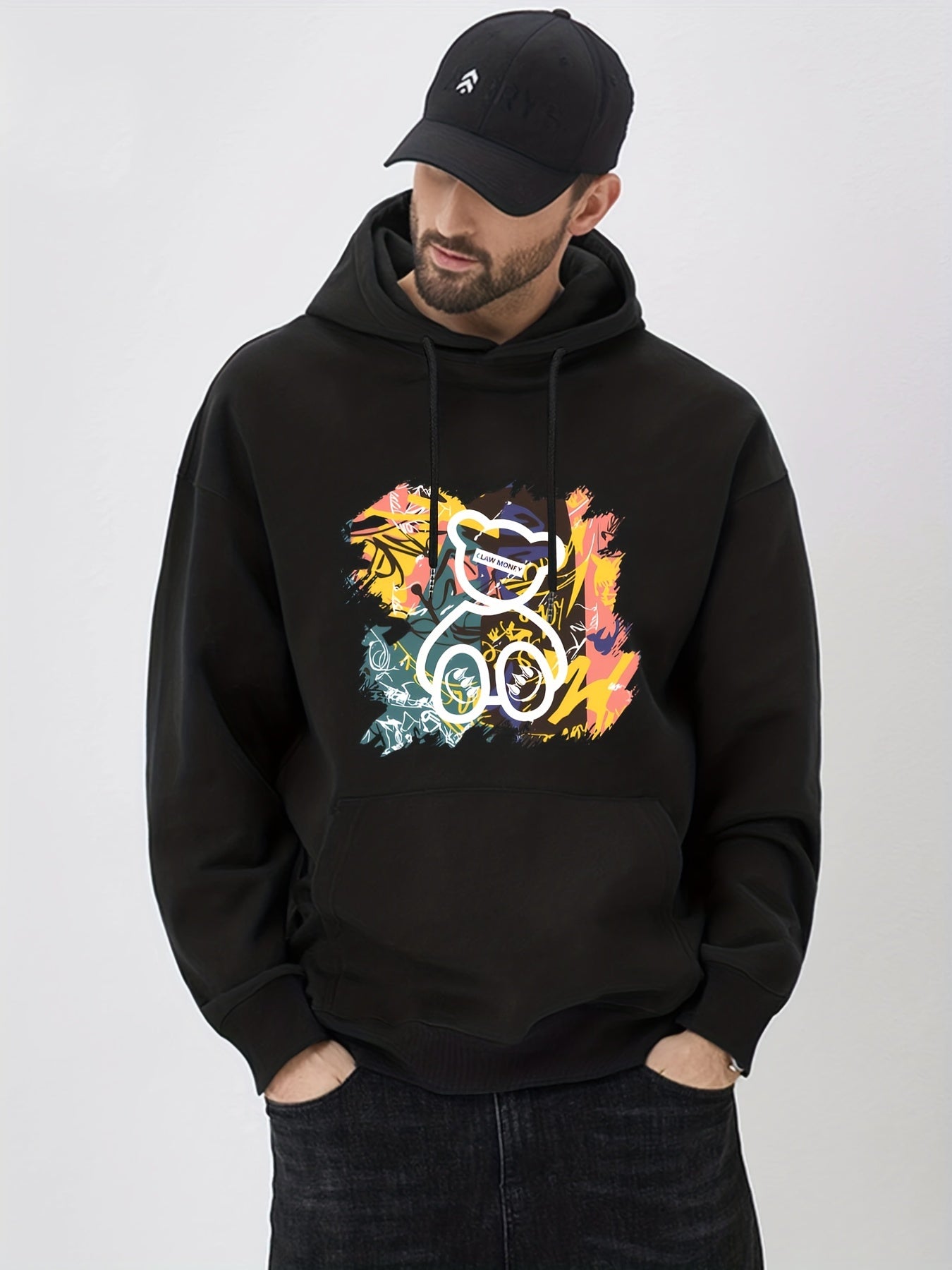 Cartoon Bear & Graffiti Print Hoodie for Men