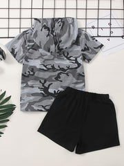 Boys Camo Print Cotton Hooded Top with KING Print & Shorts