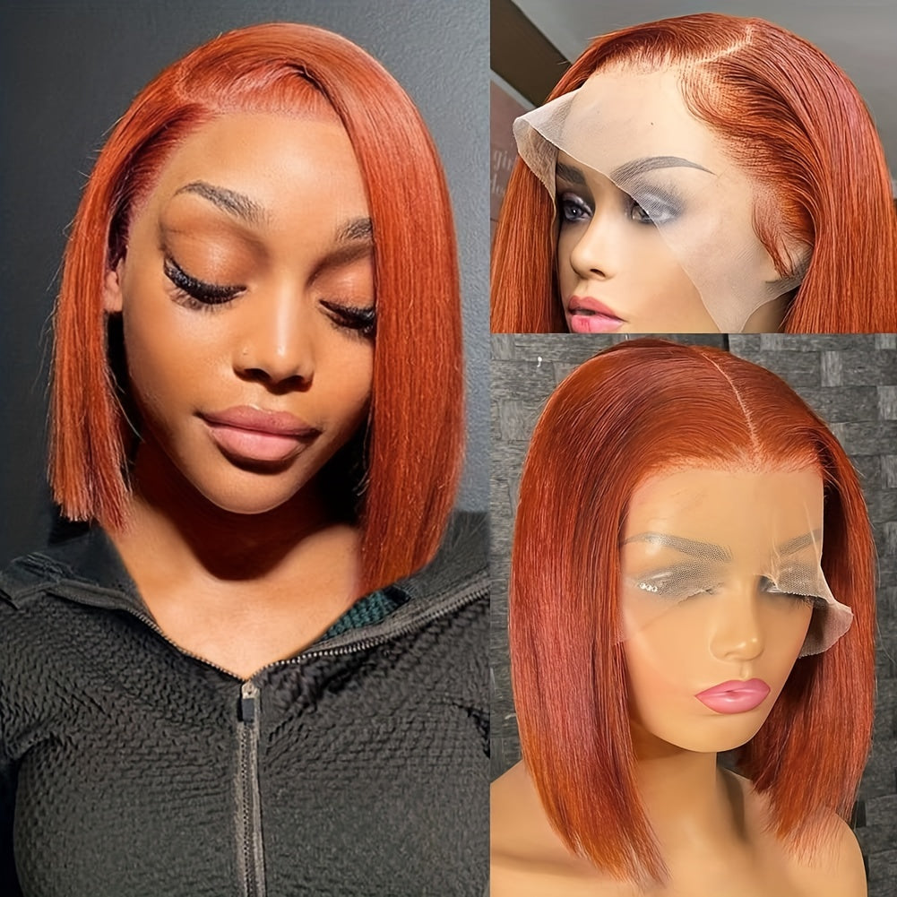 Orange Ginger Short Bob Straight Hair Wig 13x4 Lace Frontal 180 Density