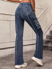 Flap Pockets Cargo Pants High Waist High Stretch Y2K Style Pintuck Jeans