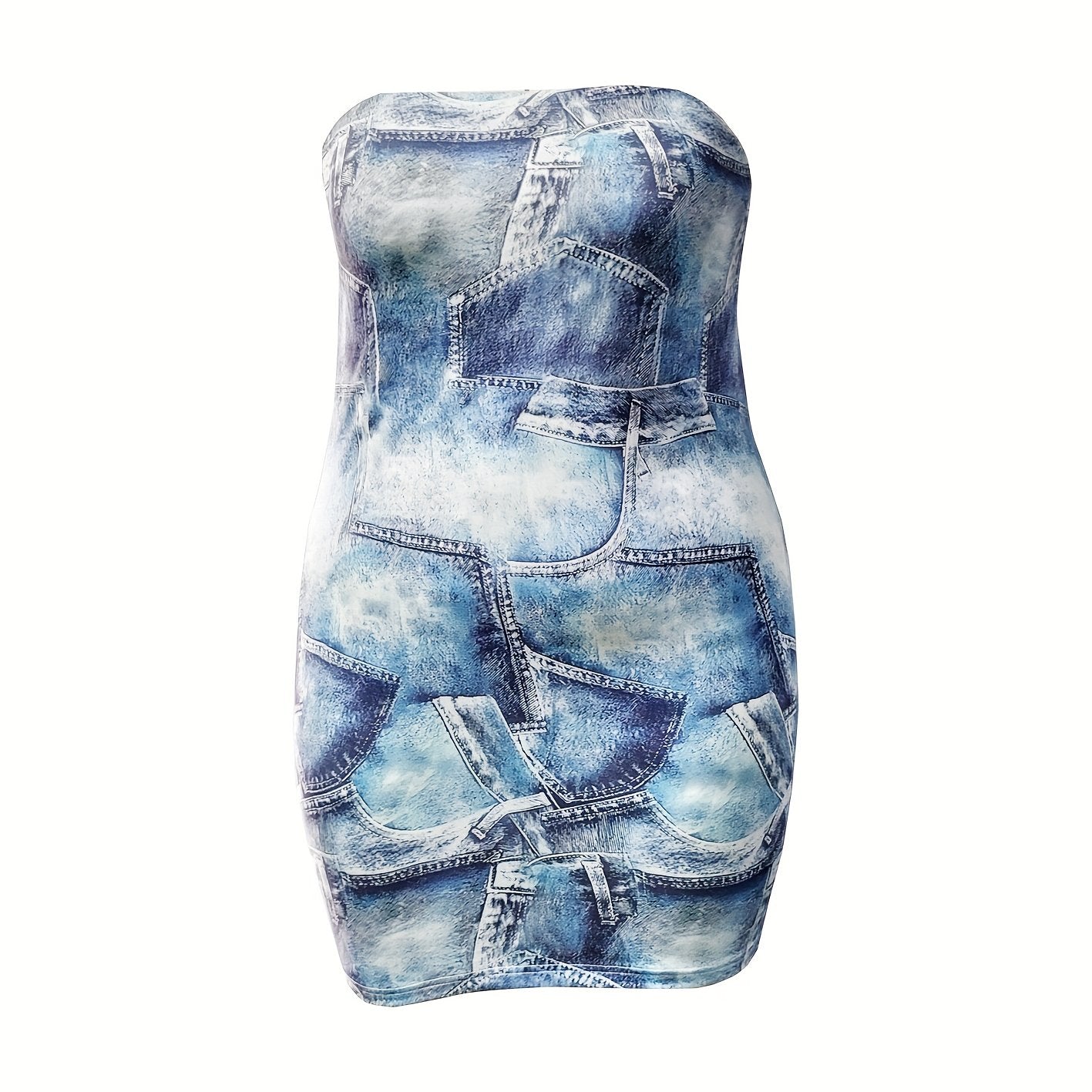 Plus Denim Print Medium Stretch Mini Tube Dress