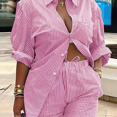 Stripe Print Long Sleeve Button Up Skirt & Tie Shorts Set
