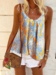 Floral Print V Neck Cami Top Lace Up Sleeveless