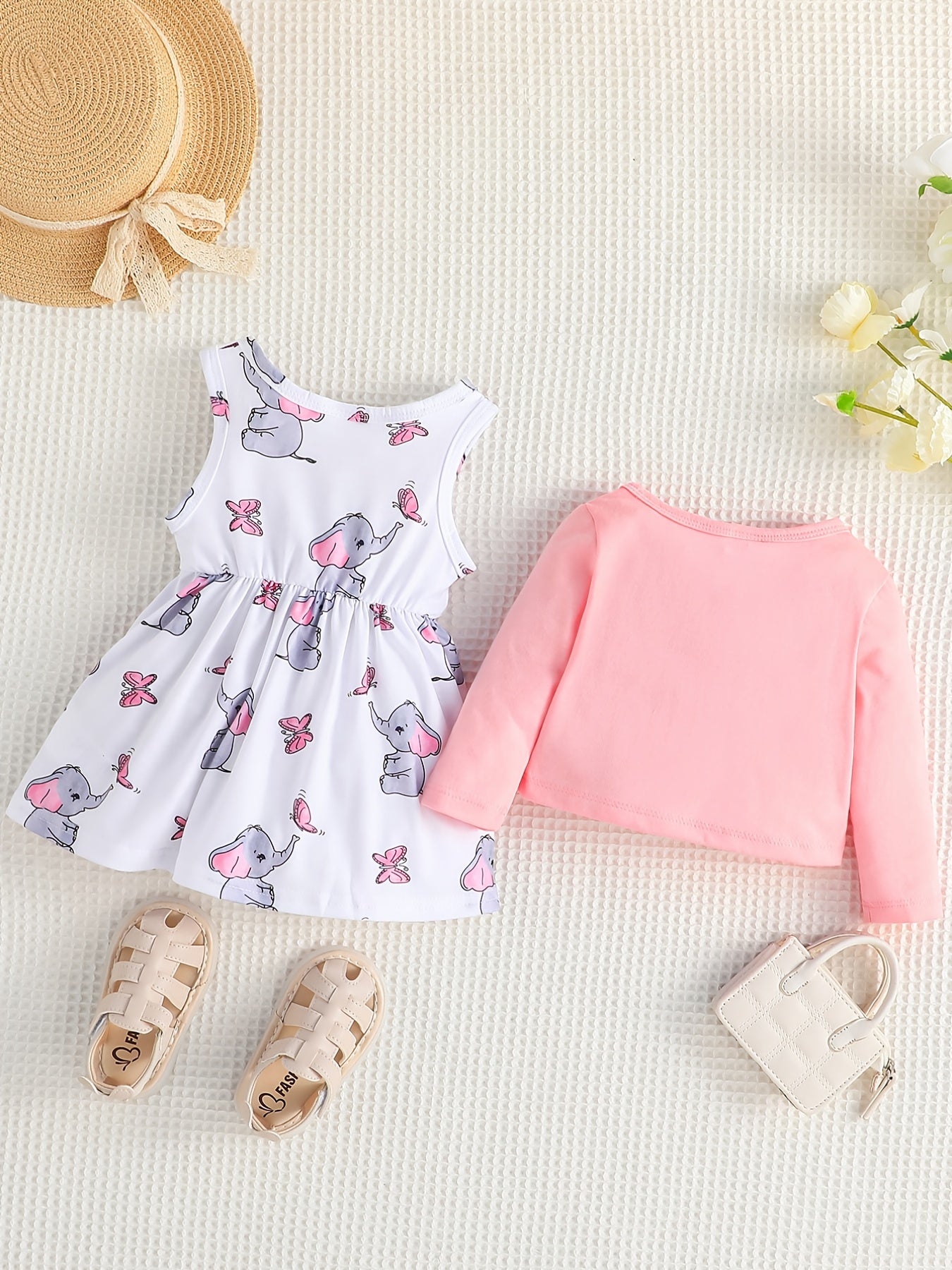 2pcs Baby Girls Cardigan & Elephant Dress Set
